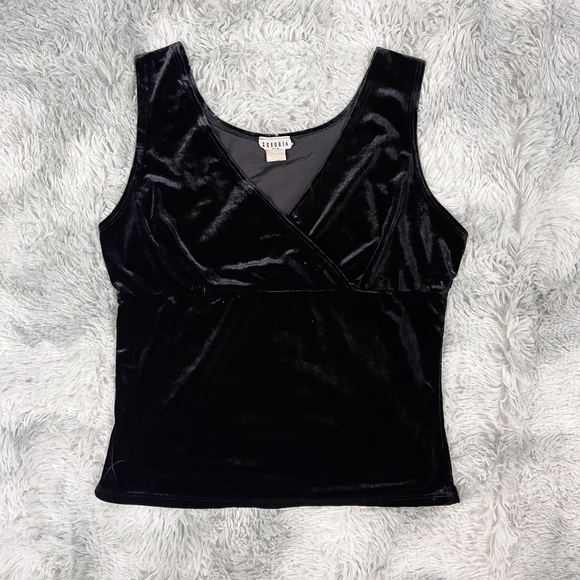 Vintage Black Velvet Fitted Crossover V-Neck Top - Picture 1 of 6